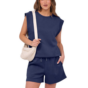 Conjunto de Dos Piezas para Mujer, Estilo Casual Holgado, Color Sólido, 100% Algodón, Camiseta de Cuello Redondo Extra Grande y Pantalones Cortos - Product Image 3