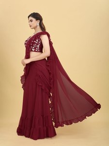Readymade Ấn Độ georgette thêu trình tự làm việc Maroon zul lehenga Saree, bên mặc trang phục ăn mặc giá thấp handmade - Product Image 6