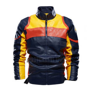 Veste de moto en cuir de couleur contrastée, légère, avec fermeture éclair complète, vestes de moto en cuir pour hommes - Product Image 1