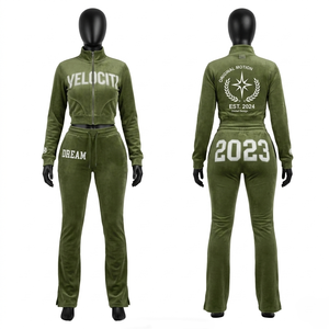Women Velvet Tracksuit Set 320 GSM Olive Green Crop Zip Top <b>Flare</b> <b>Legging</b> Puff Print Custom Logo Women's Sets - Product Image 1