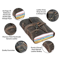 Carnet en cuir marron vintage fait main, couverture souple à bords festonnés multicolores, reliure thermique, boucle pour stylo en bois, fermeture avec sangle pour clés