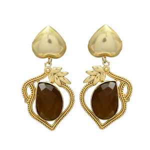 New Arrival <b>Long</b> Golden Classic Heart Design Brown Chaceldony Gemstone <b>Earrings</b> Dangle <b>Earrings</b> - Product Image 1