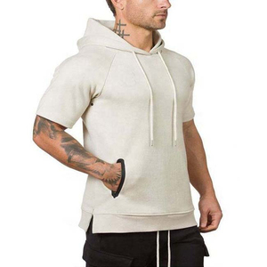 Tendance estivale Sweat à capuche à manches courtes pour hommes avec cordon de serrage de couleur unie Coton mélangé Sweats à capuche à manches courtes pour hommes - Product Image 2