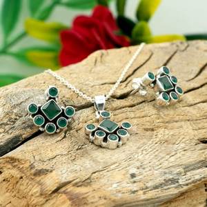 925 Sterling <b>Silver</b> Natural Green Onyx Jewelry <b>Set</b> Zircon Gemstone <b>Necklace</b> <b>and</b> <b>Earring</b> Perfect Anniversary Gift - Product Image 1