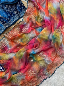 Saree en soie Rangoli de qualité supérieure avec broderie Butta de 3mm et contraste de bordure lourde Style Aarco avec chemisier en velours - Product Image 5