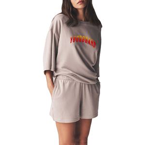 T-shirt pour femme de haute qualité à épaules tombantes surdimensionné, ensemble court 2 pièces, qualité supérieure, 100% coton, streetwear, ensemble court pour femmes - Product Image 1