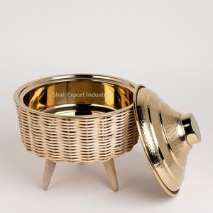 Marmite ronde en métal et bambou pour le dîner, casseroles en acier inoxydable doré, chauffe-plats pour serveur - Product Image 2