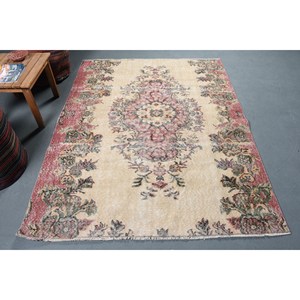 Tapis Turc Vintage Beige Rouge Motif Floral Grande Zone Rectangle 5 X 6.3ft Laine PP Matériel 10mm Latex pour Couloir Chambre Décor - Product Image 1