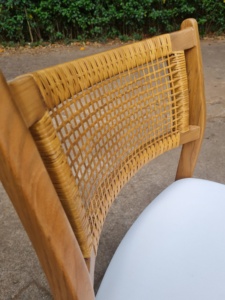Midcentury inspired teak chair with woven rattan back and <b>white</b> <b>cushion</b> seat clean lines for modern rustic interiors Villa Hotel - Product Image 5