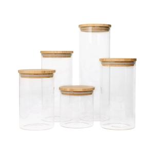 Contenitori ermetici in vetro con coperchi di bambù, 5 pezzi - Product Image 1