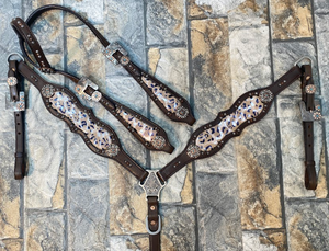 Decorado con cuero estampado de leopardo personalizado caballo occidental Headstall caballo Headstall brida pecho Collar Set - Product Image 2