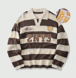 Suéter Polo Casual Holgado para Hombre con Logotipo Bordado Personalizado de Alta Calidad, Diseño a Rayas, Estilo Urbano - Product Image 1