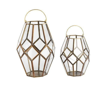 Trendy Antique <b>Brass</b> Asymmetric Geometric Glass <b>Lanterns</b> Candle Holder Luxury Modern - Product Image 1