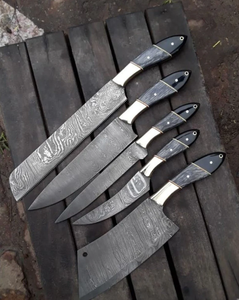 Ensemble de couteaux de cuisine 5 pièces en acier damas fait à la main Fourreau en cuir pur comprenant un couperet de chef Pain Steak Fruit Acier au carbone - Product Image 3