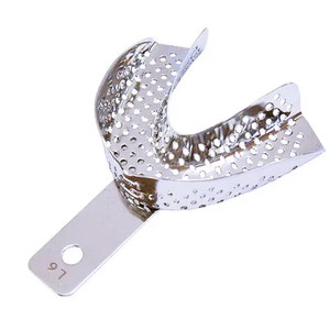 Venta al por mayor de bandejas de impresión dental de acero inoxidable alemán bandejas de dientes con patrón ovalado para placa dental/Embalaje de platos de material metálico - Product Image 5