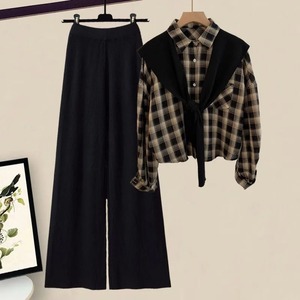 Primavera otoño mujer tres piezas pantalones blusa suelta Camisa + suéter + cintura alta pantalones de pierna ancha Vintage Casual conjunto de tres piezas - Product Image 3