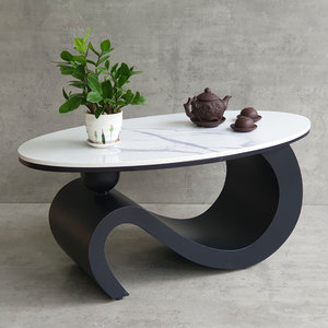 Muebles Modernos para Sala de Estar SOTA, Mesa de Centro Ovalada de 100x50x43cm con Tapa de Piedra y Patas de Hierro, Convertible y Decorativa-TT68267 - Product Image 2
