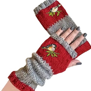 Warm Knitted Patchwork <b>Gloves</b> for Women Bird Embroidery Half <b>Finger</b> for Screen Winter Outdoor Breathable Mittens - Product Image 5