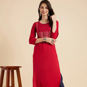 Indianb Trendy Women Maroon Color Embroidered Rayon Fabric O-Neck <b>Three</b> Quarter Sleeve Elegant Washable Straight Kurta Fashion - Product Image 1