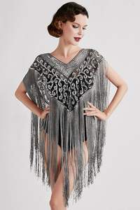 Belle élégante cape droite burlesque perles brins perlés paillettes attache cou tenue au sol pour club festif - Product Image 4