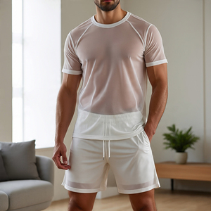 เสื้อยืดและกางเกงขาสั้นผ้าตาข่ายสำหรับผู้ชายเซ็ตชุดเดรสเซ็กซี่กลางคืนชุดกางเกงขาสั้นผ้าบางแขนสั้นชุดเสื้อผ้าแฝด - Product Image 4