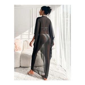 Abito Kimono da spiaggia in Chiffon ricamato nero 33597 eleganti copricostume - Product Image 1