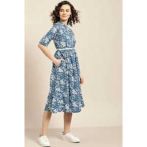 Vestido Midi de Algodón Estampado Azul para Mujer, con Cinturón, Estilo Casual Elegante, Cuello Mandarín, Cintura Imperio, Tallas XS-XL, para Uso Diario y de Oficina - Product Image 3