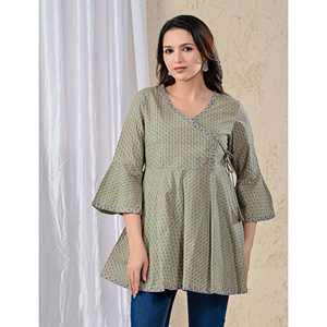 <b>Green</b> Cotton Poplin Knitted Angrakha <b>Top</b> Casual XL <b>Crop</b> <b>Top</b> for Women Woven Daily Summer and Spring Clothing with Casual Style - Product Image 6