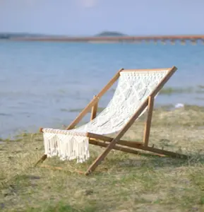 Melhor Preço Vintage Design Macramé ao ar livre Algodão De Malha Pátio Praia Piscina Lazer Madeira Sun Lounger Dobrable Carrying Chair