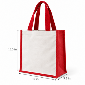 Bolsa de Yute y Lona Laminada Roja de 12x15.5x5.5 con Logotipo Personalizado, Reutilizable, con Refuerzo, para Compras y Regalos, PriGlob Exim - Product Image 1