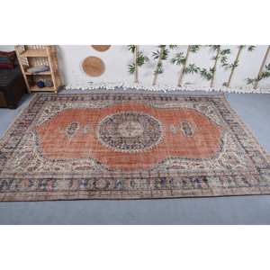 Alfombra turca Vintage de 6,9x10,8 pies, diseño de retazos naranja y azul, técnica de tejido plano de lana, látex para decoración de sala de estar - Product Image 1