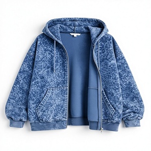 Sudadera con capucha de corte regular, gruesa, con cremallera, 100% algodón, azul, lavado ácido, forro polar, de secado rápido, antiarrugas, unisex, estilo urbano, para gimnasio - Product Image 3