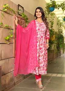 Tissu rayonne kurta imprimé de qualité supérieure avec beau travail de broderie miroir avec belle mousseline de soie Dupatta de haute qualité - Product Image 3