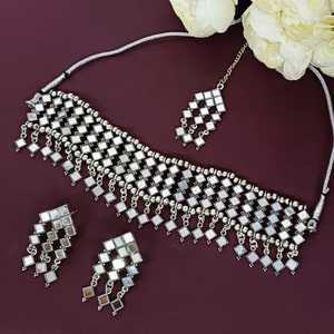 Oxidize Crystal Glass Stone Antique Boho Choker Necklace <b>Earrings</b> Set for Women Fashion Jewelry Set Indian Jewelry Manufacturer - Product Image 2