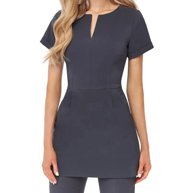 Women's v neck style Waist-Detail Dress with Pockets Stretchy Tunic salon and spa Tunic