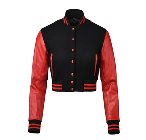 Chaqueta universitaria recortada para mujer, Mangas de cuero de primera calidad y cuerpo de lana, chaqueta con letras de béisbol para mujer, manga larga OEM - Product Image 3