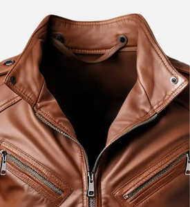 Chaqueta de cuero de motorista marrón español para hombre con cierre de cremallera estilo de invierno informal terminado - Product Image 3