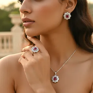 Joyería Floral, Anillo, Aretes y Colgante con Diseño de Flor de Rubí, Chapado en Oro Rosa, Regalo de Boda para Mujer, Plata de Ley 925 - Product Image 1