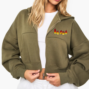 OEM/ODM 100% sweats à capuche courts zippés en molleton de coton qualité supérieure, légers, couleur unie, logo imprimé personnalisé, sweats à capuche pour femmes - Product Image 3