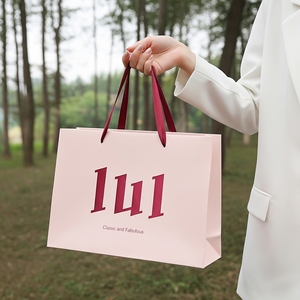 Custom Logo Printed Art Paper Shopping Gift Packaging Bag <b>Ribbon</b> Hand Length Handle Pink <b>Black</b> White for Retail Boutique - Product Image 5
