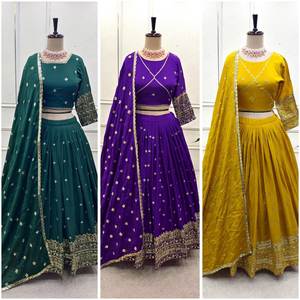 Diseñador puro Cinon-seda bordado pesado nupcial Lehenga Choli Color amarillo para Bollywood para ropa festiva de boda de Hollywood - Product Image 6