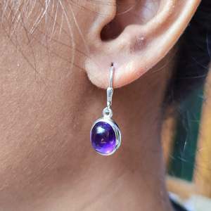Boucles d'oreilles pendantes en améthyste, argent sterling 925, faites à la main, serti clos, pierre ovale, 7 grammes, style bohème, pour femme, mariage - Product Image 5