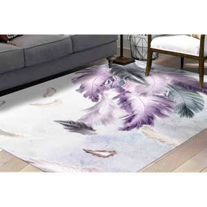 Alfombra con Diseño de Plumas: Alfombra Decorativa Contemporánea en Morado y Gris (Lavable a Máquina), con Pelo Suave - Product Image 4