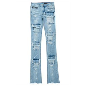 Vaqueros rasgados desgastados de lavado Vintage de alta calidad para hombre, pantalones vaqueros largos ajustados azul cielo, pantalones vaqueros rectos, pantalones informales para hombre - Product Image 1