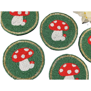 Whimsical Mushroom Patterned Eco-Friendly Customizable Beaded <b>Coasters</b> Silk Screen Printed <b>Green</b> Spring Table Decor for Home - Product Image 2