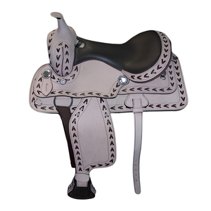 Ensemble de selle occidentale faite à la main en cuir véritable usiné comprenant une bride synthétique pour les courses de barils d'équitation - Product Image 1