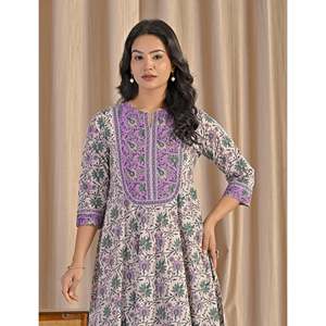 Robe Anarkali en coton imprimé à la main, gris et violet, vêtements américains - Product Image 1