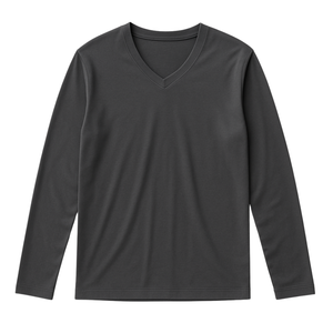 T-shirt à manches longues pour homme en coton biologique de luxe 100% gris, col en V, pré-rétréci, certifié GOTS, respirant, coupe ajustée - Product Image 1