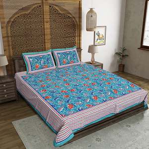 Jaipuri Print Blue Cotton 240 TC Double Bedsheet with 2 Pillow Covers 3-Pc Set for <b>King</b> <b>Size</b> Beds 100% Cotton Home Use - Product Image 1