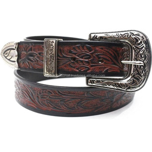 Holesale Supply-cinturón occidental de cuero genuino para hombre y mujer, accesorio de mano con hebilla floral chapada en níquel extraíble de 3 piezas - Product Image 2